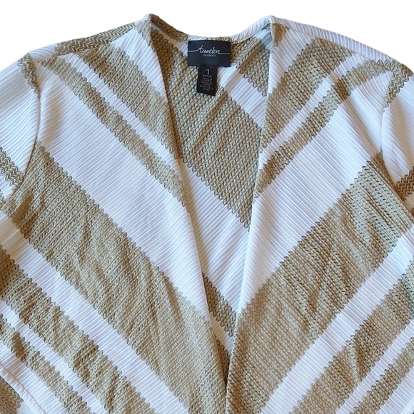 Chico's Travelers Tan White Mesh Striped Open Front Cardigan Cover-Up Duster - Picture 4 of 7